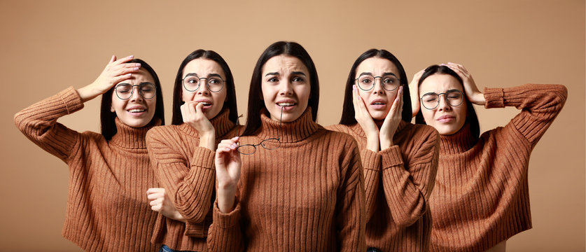 collage with worried young woman on color background
