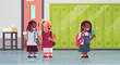 © mast3r - schoolgirl being bullied by text message mix race schoolchildren classmates mocking girl peer violence and bullying concept modern school corridor flat full length horizontal vector illustration