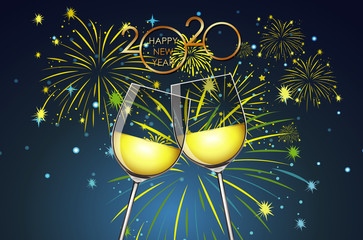 Wall Mural - Background with two glasses of champagne and fireworks