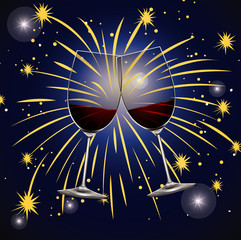 Wall Mural - Background with two glasses of champagne and fireworks