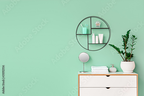 Fotografía Interior of bathroom with modern shelf