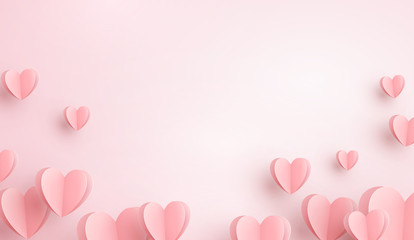 paper elements in shape of heart flying on pink background. vector symbols of love for happy women's