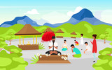 Fototapeta Dinusie - Meditating people flat vector illustration. Place of worship in mountains. Meditating pose. Indonesian religion. Buddhism. Men and women cartoon characters