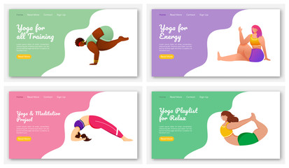 Poster - yoga poses landing page vector template set. meditation exercises. healthy lifestyle. bodypositive w