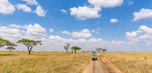 Wall Mural - Safari tourists on game drive with Jeep car in Serengeti National Park in beautiful landscape scenery, Tanzania, Africa