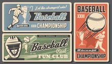 Baseball Victory Cup Championship College Fan Club And Sport League Tournament. Vector Vintage Retro Posters, Softball Team And Baseball Professional Game On Grand Arena