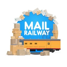 Mail Delivery, Post Office Shipping Logistics And Railway Transportation Service. Vector Parcel Boxes Freight, Newspapers, Journals, Magazines Courier Mail Delivery And Envelopes With Postage Stamp