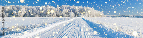 winter landscape panorama with road and forest