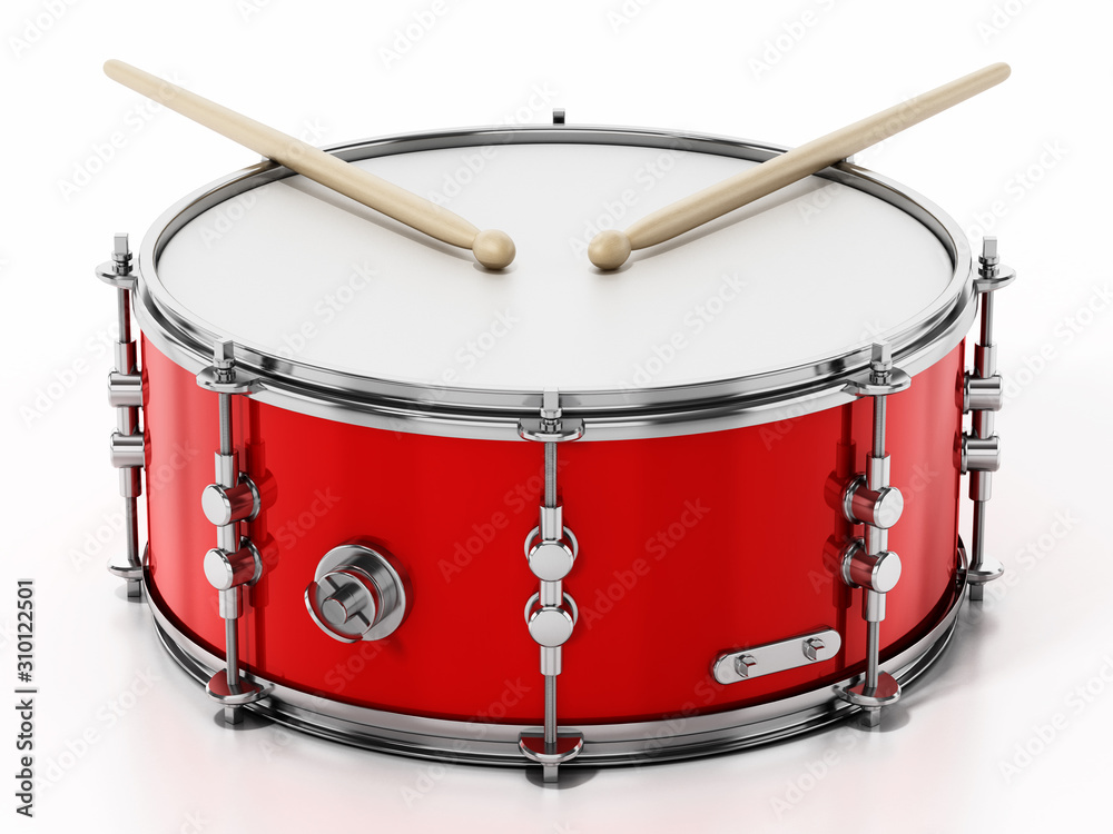 Snare drum set isolated on white background. 3D illustration - obrazy, fototapety, plakaty 
