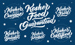 Set of kosher food logos, stamps, lettering phrases. Vector illustration collection