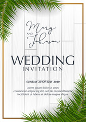 Wall Mural - Wedding Invitation with palms on the white wooden background.