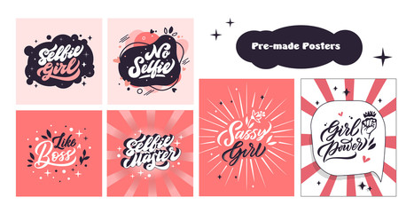 grl pwr phrases, posters, postcard, template card. girl power bundle. feminism and selfie girl sloga