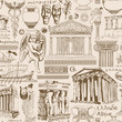 Vector seamless pattern on the theme of Ancient Greece. Repeating background, Wallpaper, wrapping paper or fabric with sketches of architectural monuments and symbols of ancient Greek culture