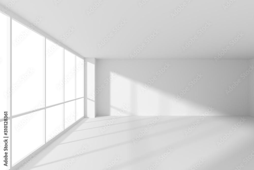Empty white office business room with sunlight from large windows - obrazy, fototapety, plakaty 