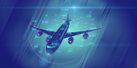 Wall Mural - Abstract airplane constructed from lines. Outline wireframe analytical concept. Travel, tourism, transport. Aircraft 3d illustration with data.