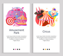 Circus And Amusement Park Vector, Ferris Wheel Attraction For Kids, Clown And Bunny Ears In Hat, Tricks And Fun Time Relaxation, Dartboard Aim. Website Or Slider App, Landing Page Flat Style