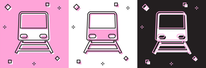 Poster - Set Train icon isolated on pink and white, black background. Public transportation symbol. Subway train transport. Metro underground. Vector Illustration