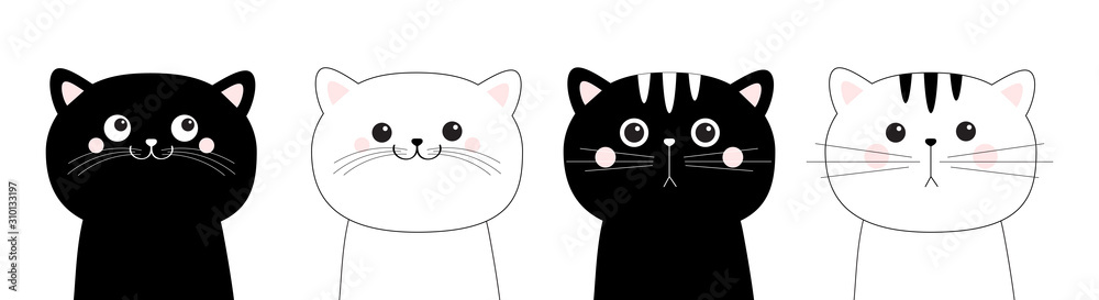 Black white cat head face line contour silhouette icon set. Pink blush cheeks. Funny kawaii smiling sad doodle animal. Cute cartoon funny character. Pet collection. Flat design Baby background. - obrazy, fototapety, plakaty 