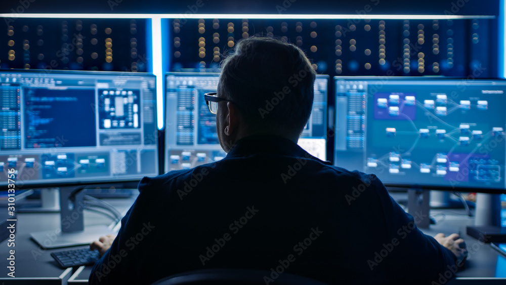 Professional IT Programer Working in Data Center on Desktop Computer with Three Displays, Doing Development of Software and Hardware. Displays Show Blockchain, Data Network Architecture Concept - obrazy, fototapety, plakaty 