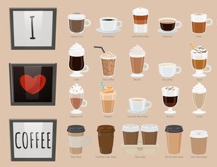collection of glasses with drinks. coffee types, variety of beverages. americano and latte macchiato