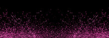 Abstract Pink Defocused Glitter Holiday Panorama Background On Black. Falling Shiny Sparkles. New Year Christmas Glowing Backdrop