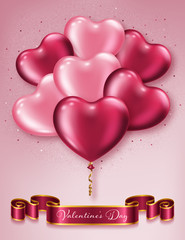 Wall Mural - Valentines Day background with realistic heart-shaped balloons. Greeting card, invitation or banner template