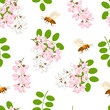 Blooming pink and white flowers acacia, green leaves and bees on a white background. Seamless floral pattern. Vector illustration of branches of blossoming acacia in cartoon flat style.