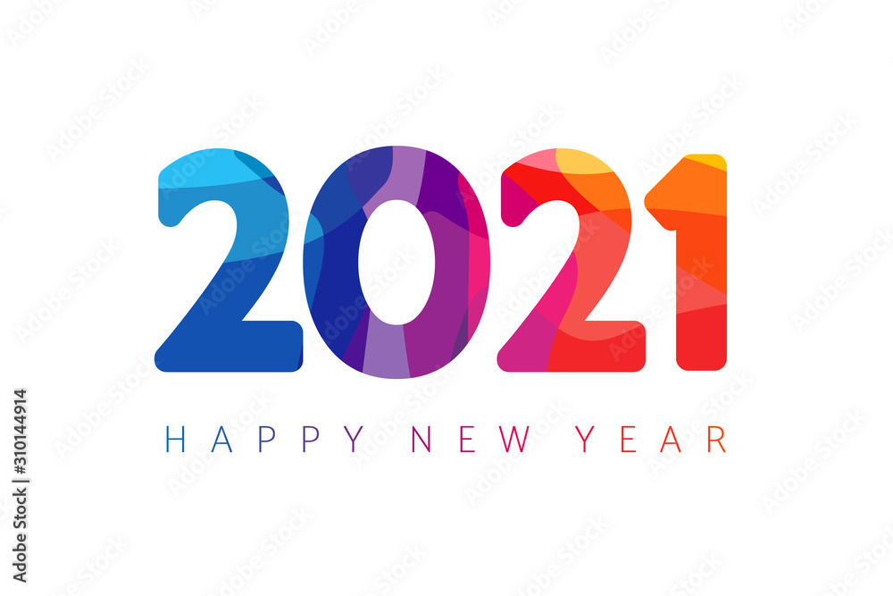 Happy New Year 2021 colorful facet logo text design. Cover of business diary for 2021 with wishes. Brochure design template, Xmas card, sale banner. Vector Christmas illustration on white background - obrazy, fototapety, plakaty 