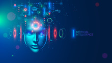 Artificial Intelligence In The Image Of A Wise Woman. AI Conceptual Futuristic Blue Banner. Cybernetics Mind Analysis Data. Neuron Network Processes Information. Interface Consists Of Computer Icons.