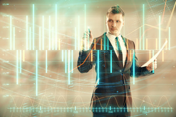 Wall Mural - Businessman and forex graph hologram. Double exposure. Concept of financial education and analysis