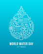 World water day banner - drop water sign with line icon about water use on blue background vector design
