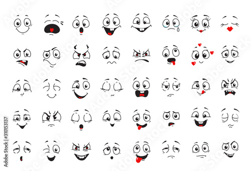 Fotomural Cartoon comics faces set, Smiling, crying and surprised character face icons