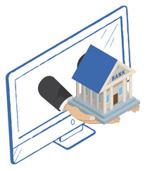 Aufkleber - online banking, modern technologies. building of bank in human hands. commerce business, using servi