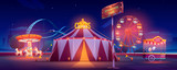 Fototapeta Miasto - Amusement park at night. Carnival circus tent, ferris wheel, roller coaster, carousel and candy cotton booth with glow illumination. Festive fair entertainment attractions. Cartoon vector illustration
