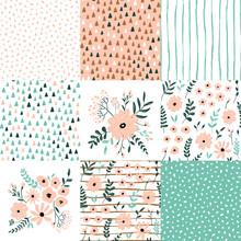 Hand Drawn Cute Kids Abstract Seamless Pattern. Rustic, Boho Simple Colorful Background. Cartoon Flowers, Polka Dots, Stripes Illustration