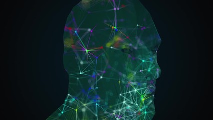 Poster - Overlay a background of grid with multi-colored thin lines connected by dots on the shape of the head. Rotating translucent composition, computer generated, 3D rendering isometric background