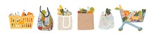 Shopping Bags And Baskets Flat Vector Illustrations Set. Grocery Purchases, Paper And Plastic Packages, Turtle Bags With Products. Natural Food, Organic Fruits And Vegetable. Department Store Goods.