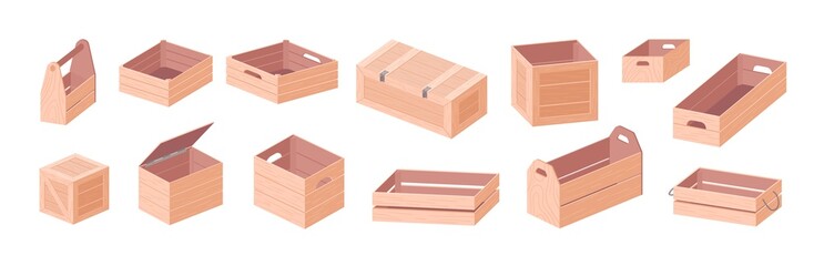 Wooden boxes vector isometric illustrations set. Toolkit box and crates isolated on white background. Empty wooden containers, timber caskets, natural material packaging illustrations collection.