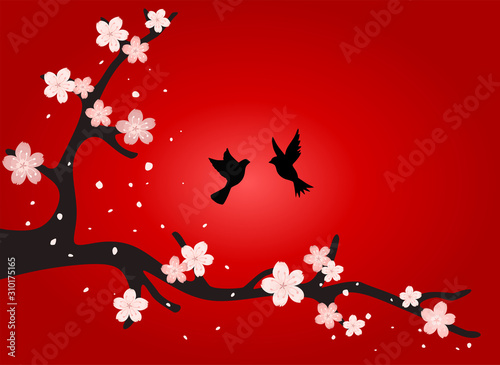 Hot Red Background With Branch Of Cherry Blossoms And Birds At Sunset Tree Stencil With Flowers Falling Petals Flying Dove Silhouette Japanese Sakura Love Gift Card Brochure Banner Design Hello Spring Stock Illustration Adobe Stock