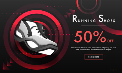 Wall Mural - advertising web banner design with 50% discount offer on brown abstract background for running shoes