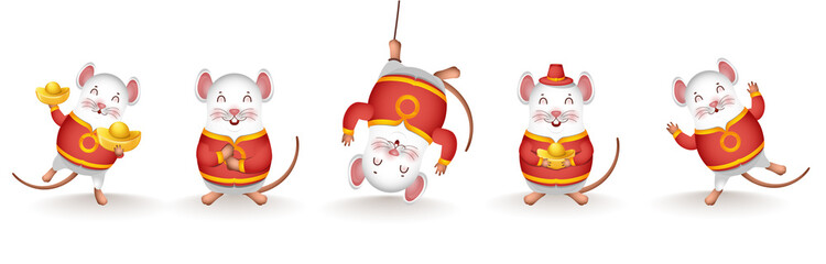 Canvas Print - Cartoon Rat holding Chinese Gold in Different Activity on White Background.