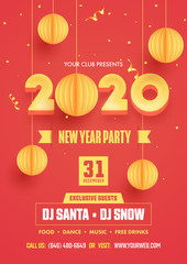 Poster - New Year Party Flyer Design with 3D Yellow 2020 Text and Hanging Paper Cut Baubles Decorated on Red Background.