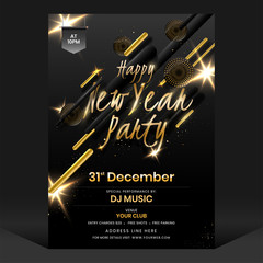 Sticker - New Year Party Flyer Design with Woofer's and Lighting Effect on Black Background.