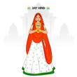 Jay Hind Text with Indian Woman doing Namaste (Welcome) on India Famous Monuments White Background.