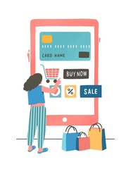 Poster - Girl paying with credit card flat vector illustration. Shopper ordering goods online cartoon character Mobile shopping app. Contactless, cashless payment option. E payment, e commerce concept.