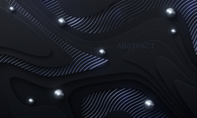 Poster - Black paper cut background. Abstract realistic papercut decoration with wavy layers, spheres and silver engraved pattern. 3d topography relief. Vector topographic illustration. Cover layout template.