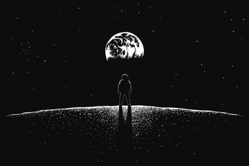 astronaut looks to earth from moon