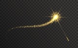 Magic wand with golden swirl and sparkles isolated on transparent background. The magic scepter with stardust trail.