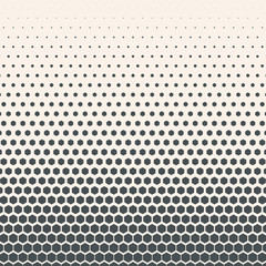 Monochrome halftone vector gradient with hexagonal texture. Vector pattern with honeycombs on white background