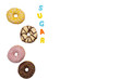 © annebel146 - various colored delicious donuts on white background with the word sugar, space for text